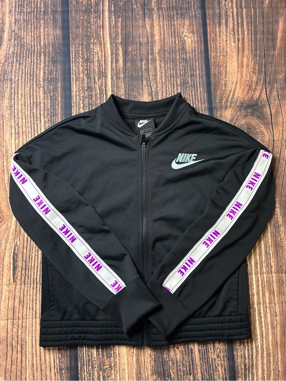 Nike Women’s Black Bomber Jacket with Purple-Trim Tape size women’s L